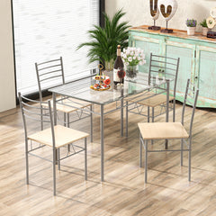 Juego de Comedor con 1 Mesa Rectangular de Vidrio y 4 Sillas con Estructura de Metal a Prueba de Óxido