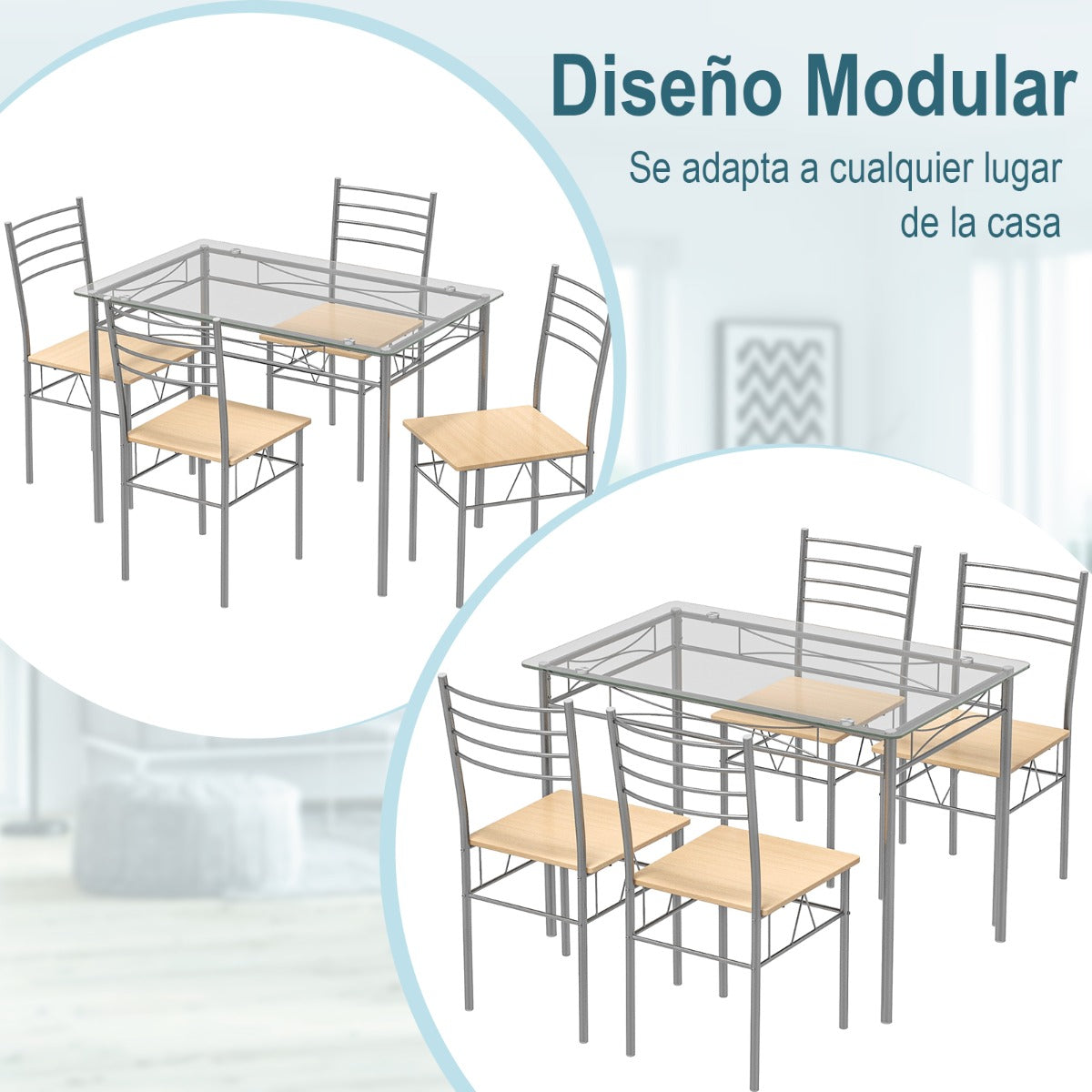 Juego de Comedor con 1 Mesa Rectangular de Vidrio y 4 Sillas con Estructura de Metal a Prueba de Óxido