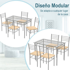 Juego de Comedor con 1 Mesa Rectangular de Vidrio y 4 Sillas con Estructura de Metal a Prueba de Óxido