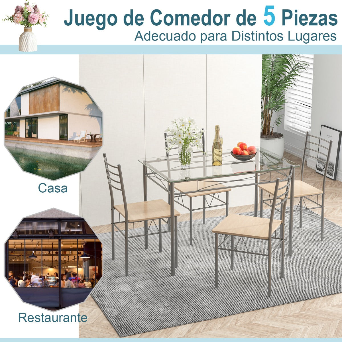 Juego de Comedor con 1 Mesa Rectangular de Vidrio y 4 Sillas con Estructura de Metal a Prueba de Óxido