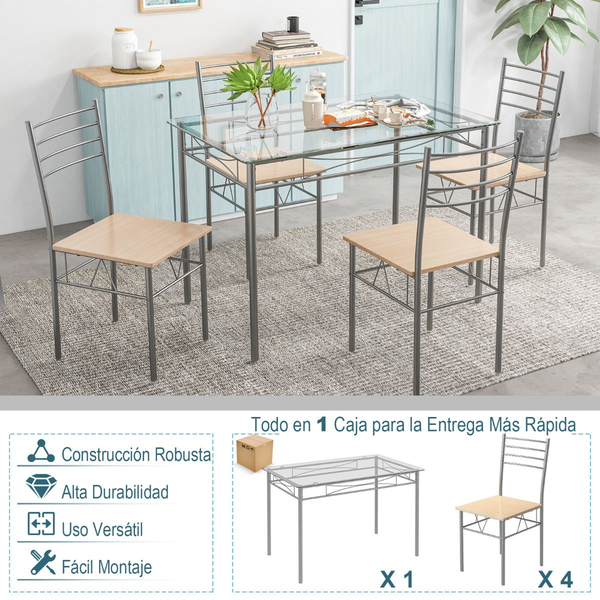 Juego de Comedor con 1 Mesa Rectangular de Vidrio y 4 Sillas con Estructura de Metal a Prueba de Óxido