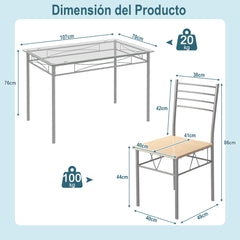 Juego de Comedor con 1 Mesa Rectangular de Vidrio y 4 Sillas con Estructura de Metal a Prueba de Óxido