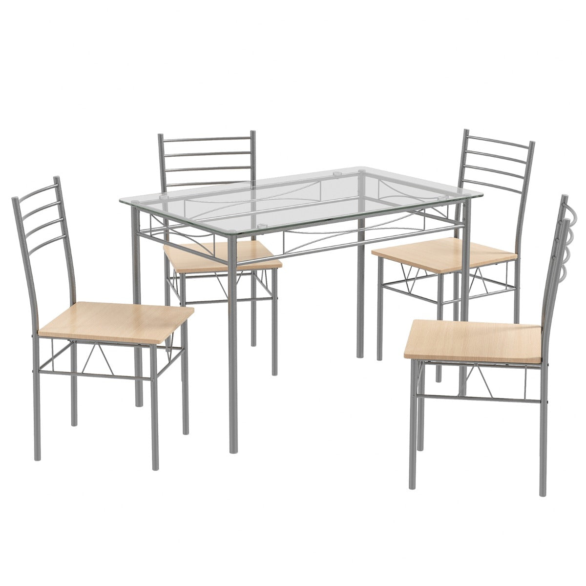 Juego de Comedor con 1 Mesa Rectangular de Vidrio y 4 Sillas con Estructura de Metal a Prueba de Óxido