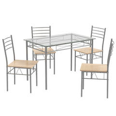Juego de Comedor con 1 Mesa Rectangular de Vidrio y 4 Sillas con Estructura de Metal a Prueba de Óxido