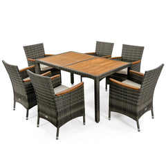 Juego de Comedor de 7 Piezas Conjunto de Muebles de Ratán PE con Mesa Rectangular de Madera 6 Sillas Cojines para Patio Jardín Terraza