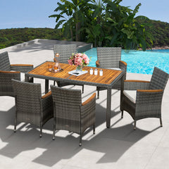 Juego de Comedor de 7 Piezas Conjunto de Muebles de Ratán PE con Mesa Rectangular de Madera 6 Sillas Cojines para Patio Jardín Terraza