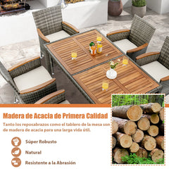 Juego de Comedor de 7 Piezas Conjunto de Muebles de Ratán PE con Mesa Rectangular de Madera 6 Sillas Cojines para Patio Jardín Terraza