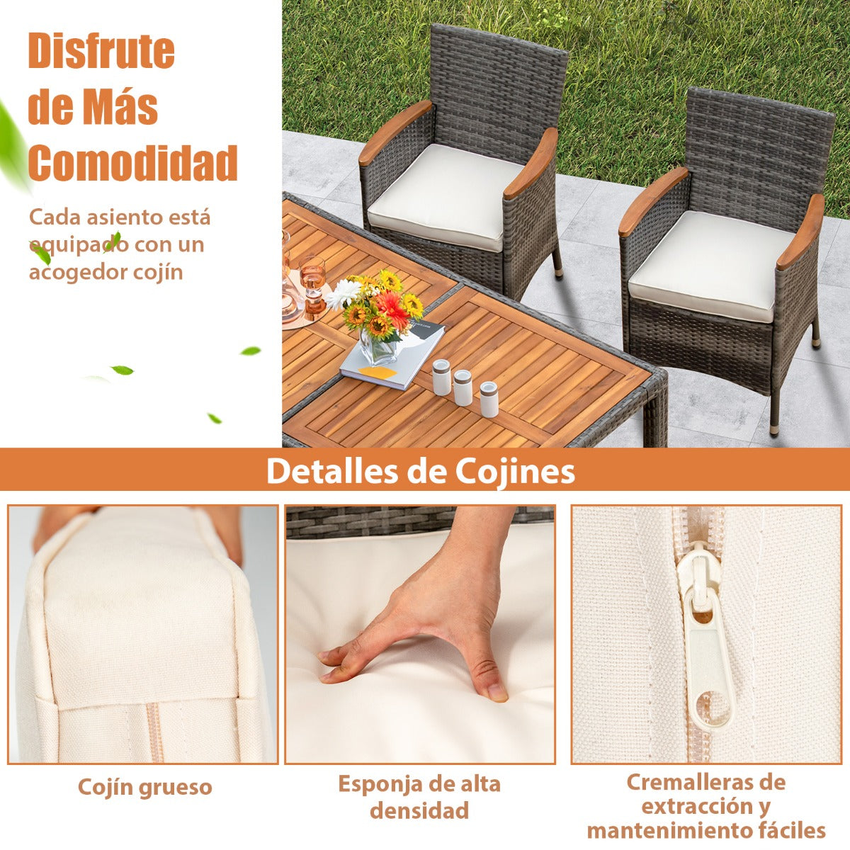 Juego de Comedor de 7 Piezas Conjunto de Muebles de Ratán PE con Mesa Rectangular de Madera 6 Sillas Cojines para Patio Jardín Terraza