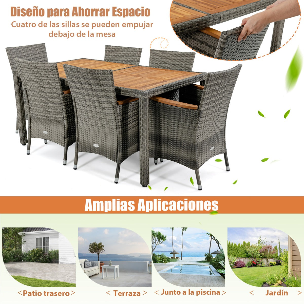 Juego de Comedor de 7 Piezas Conjunto de Muebles de Ratán PE con Mesa Rectangular de Madera 6 Sillas Cojines para Patio Jardín Terraza
