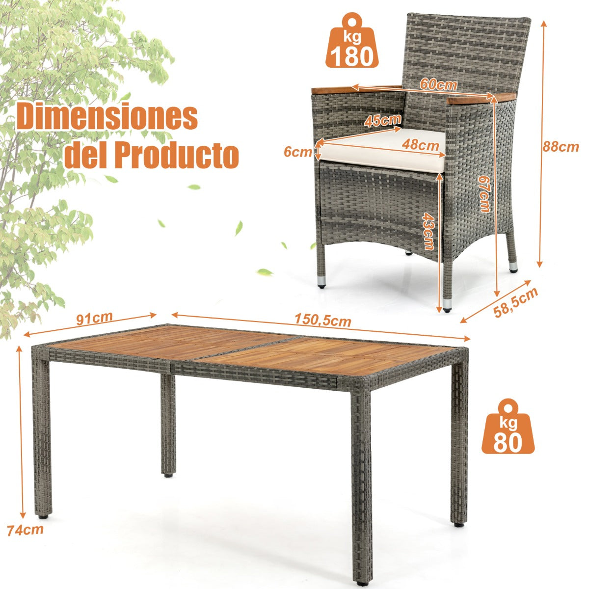 Juego de Comedor de 7 Piezas Conjunto de Muebles de Ratán PE con Mesa Rectangular de Madera 6 Sillas Cojines para Patio Jardín Terraza