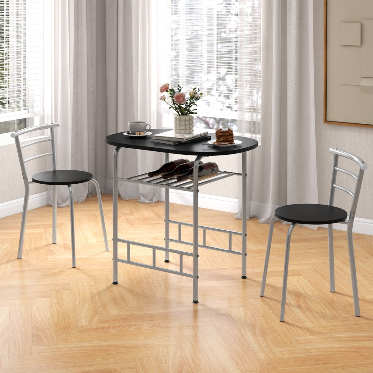 Juego de Comedor de 3 Piezas de Muebles con Mesa de Cocina Sillas Tablero de Madera Veteada Botellero Adicional Marco de Metal Plata