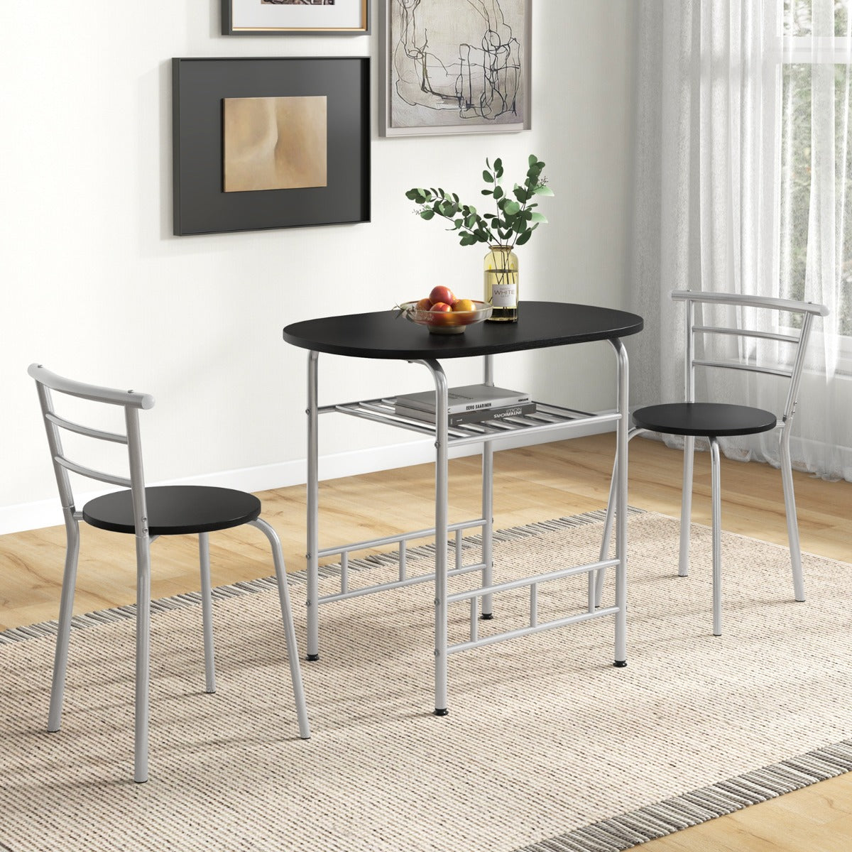 Juego de Comedor de 3 Piezas de Muebles con Mesa de Cocina Sillas Tablero de Madera Veteada Botellero Adicional Marco de Metal Plata