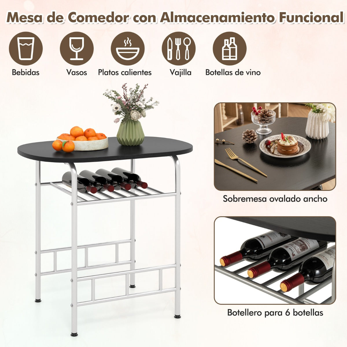 Juego de Comedor de 3 Piezas de Muebles con Mesa de Cocina Sillas Tablero de Madera Veteada Botellero Adicional Marco de Metal Plata