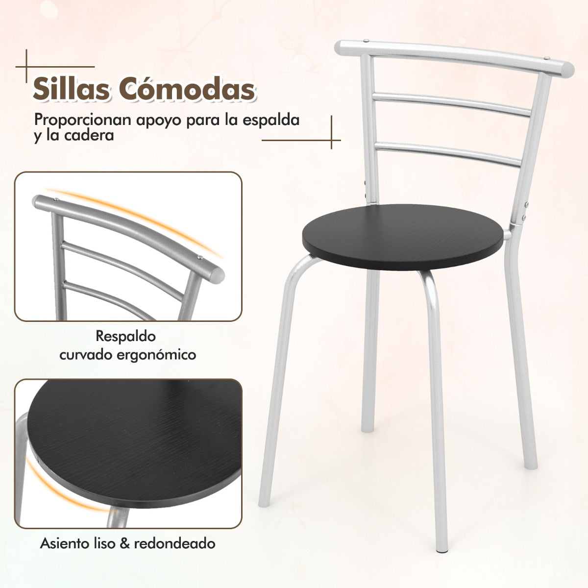 Juego de Comedor de 3 Piezas de Muebles con Mesa de Cocina Sillas Tablero de Madera Veteada Botellero Adicional Marco de Metal Plata