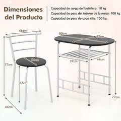 Juego de Comedor de 3 Piezas de Muebles con Mesa de Cocina Sillas Tablero de Madera Veteada Botellero Adicional Marco de Metal Plata