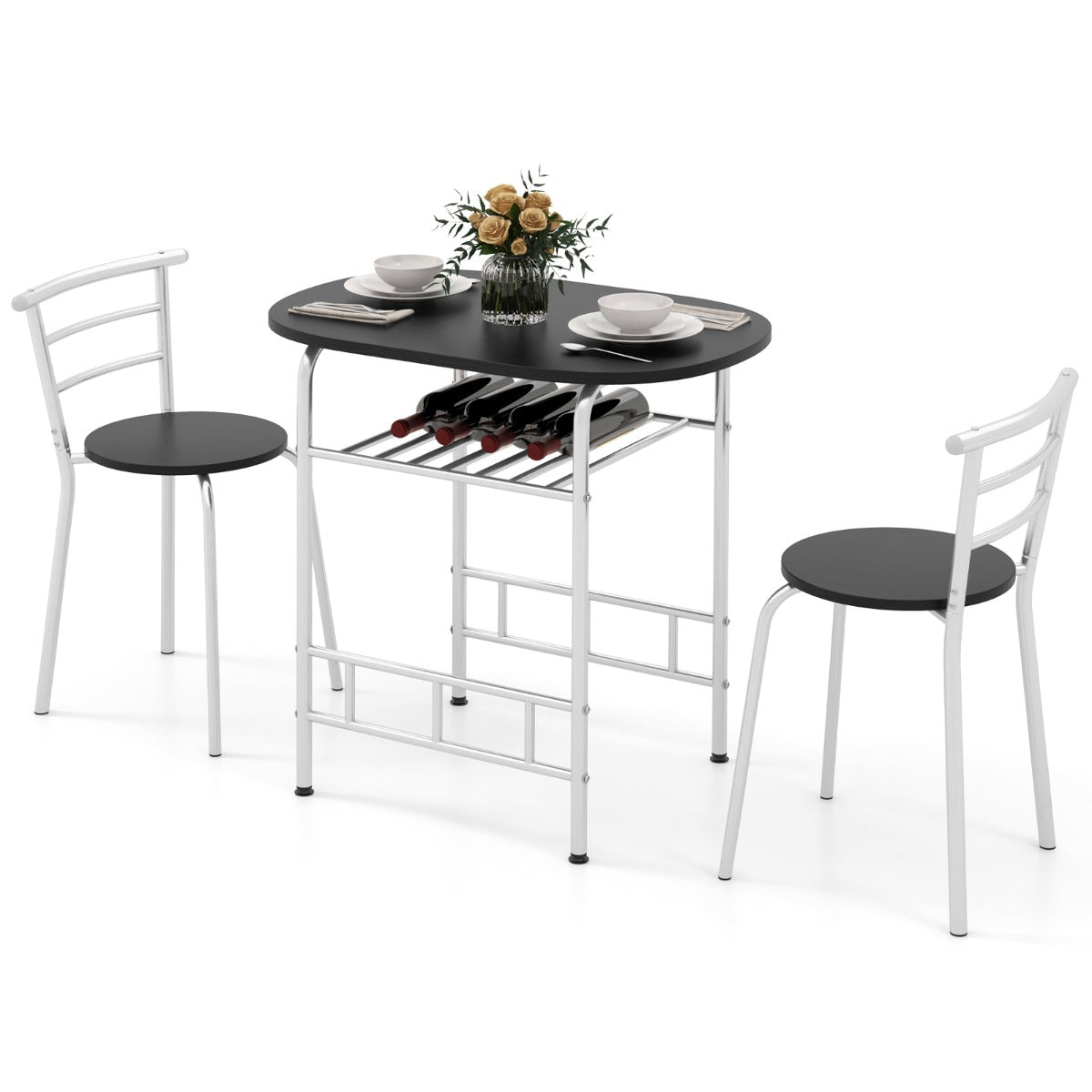 Juego de Comedor de 3 Piezas de Muebles con Mesa de Cocina Sillas Tablero de Madera Veteada Botellero Adicional Marco de Metal Plata