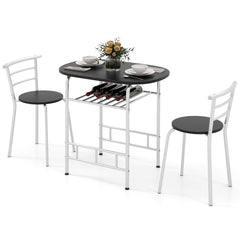 Juego de Comedor de 3 Piezas de Muebles con Mesa de Cocina Sillas Tablero de Madera Veteada Botellero Adicional Marco de Metal Plata