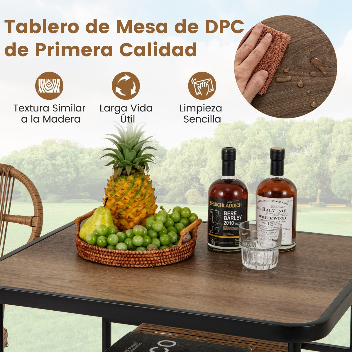 Juego de Comedor de 3 Piezas Mesa con Estante Estructura Metálica 2 Sillas de Ratán Apilables Ahorra Espacio Natural