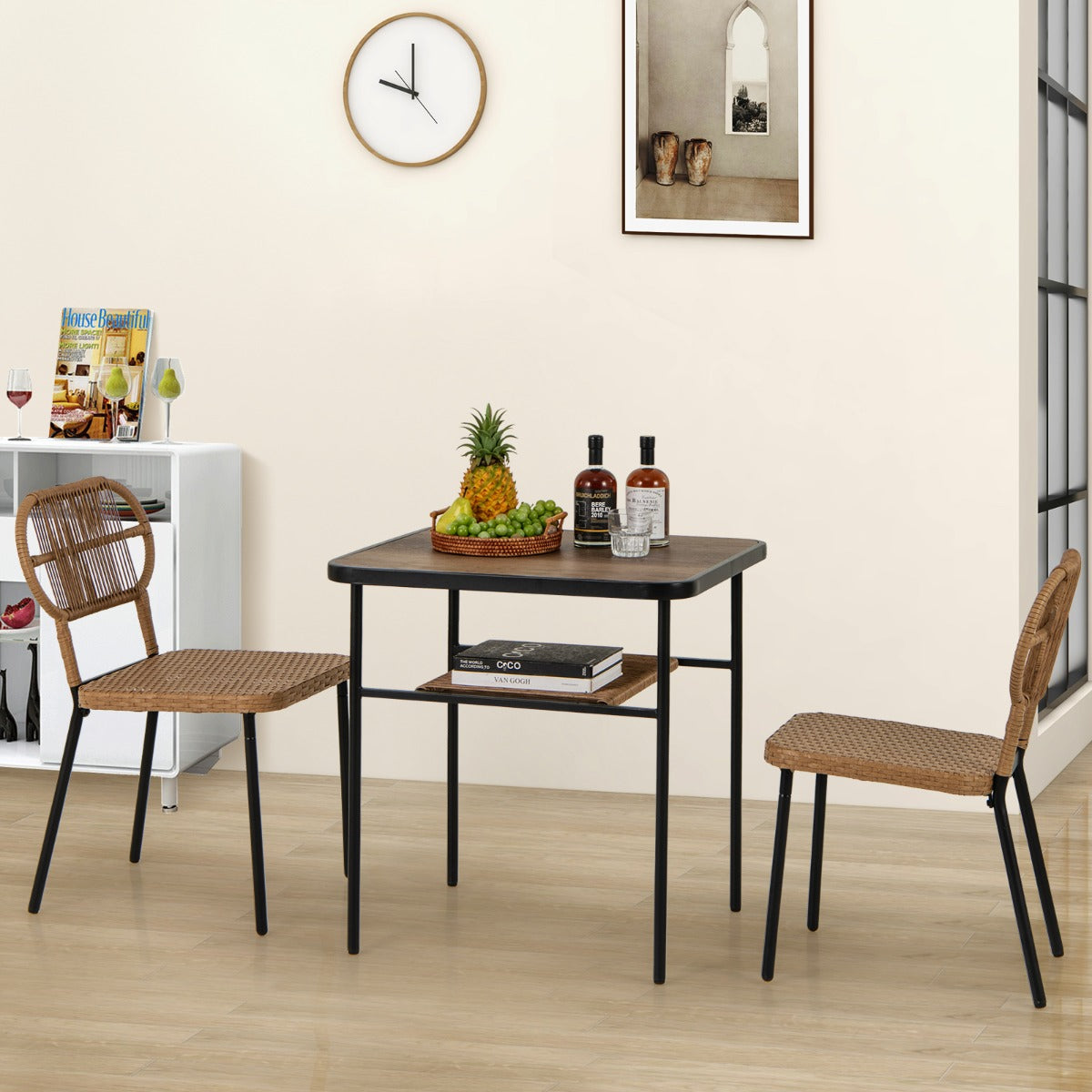 Juego de Comedor de 3 Piezas Mesa con Estante Estructura Metálica 2 Sillas de Ratán Apilables Ahorra Espacio Natural