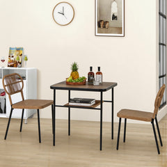 Juego de Comedor de 3 Piezas Mesa con Estante Estructura Metálica 2 Sillas de Ratán Apilables Ahorra Espacio Natural