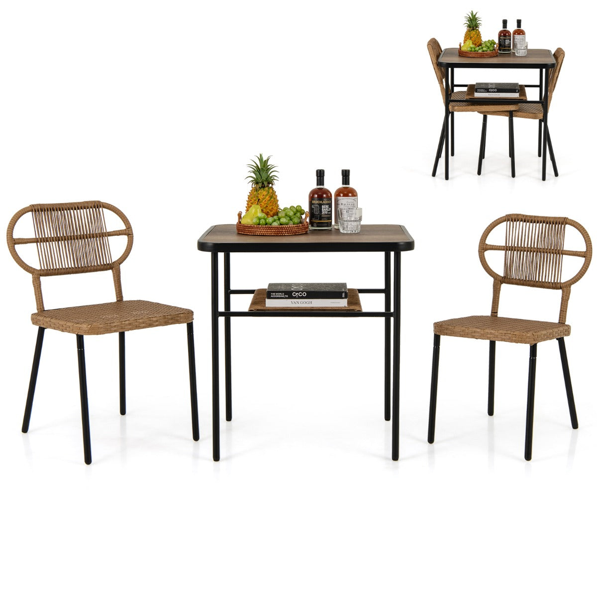 Juego de Comedor de 3 Piezas Mesa con Estante Estructura Metálica 2 Sillas de Ratán Apilables Ahorra Espacio Natural