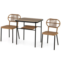 Juego de Comedor de 3 Piezas Mesa con Estante Estructura Metálica 2 Sillas de Ratán Apilables Ahorra Espacio Natural