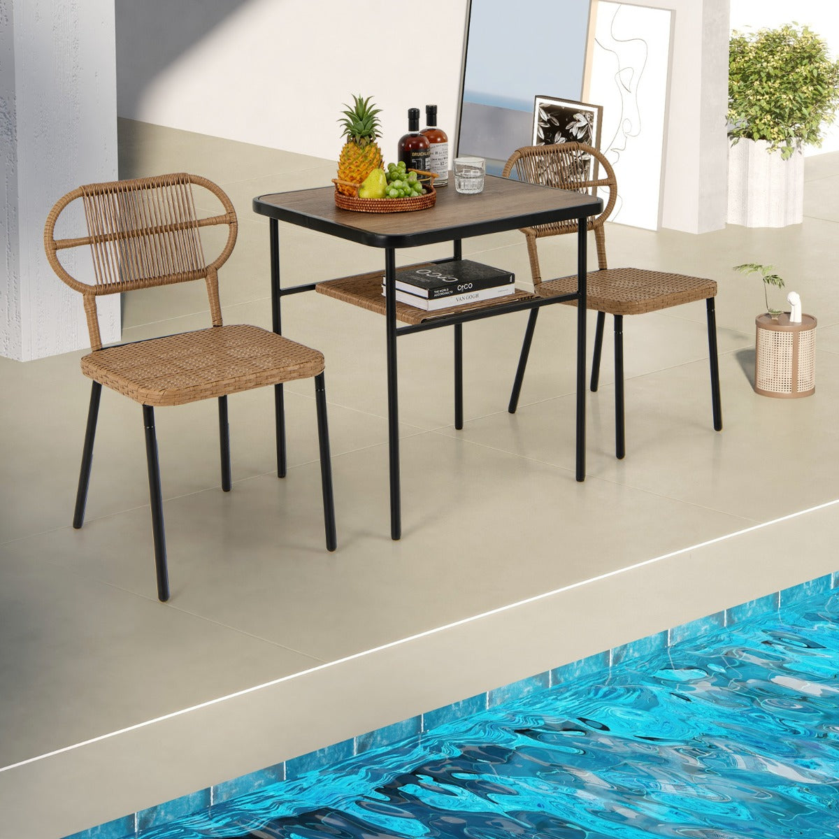 Juego de Comedor de 3 Piezas Mesa con Estante Estructura Metálica 2 Sillas de Ratán Apilables Ahorra Espacio Natural