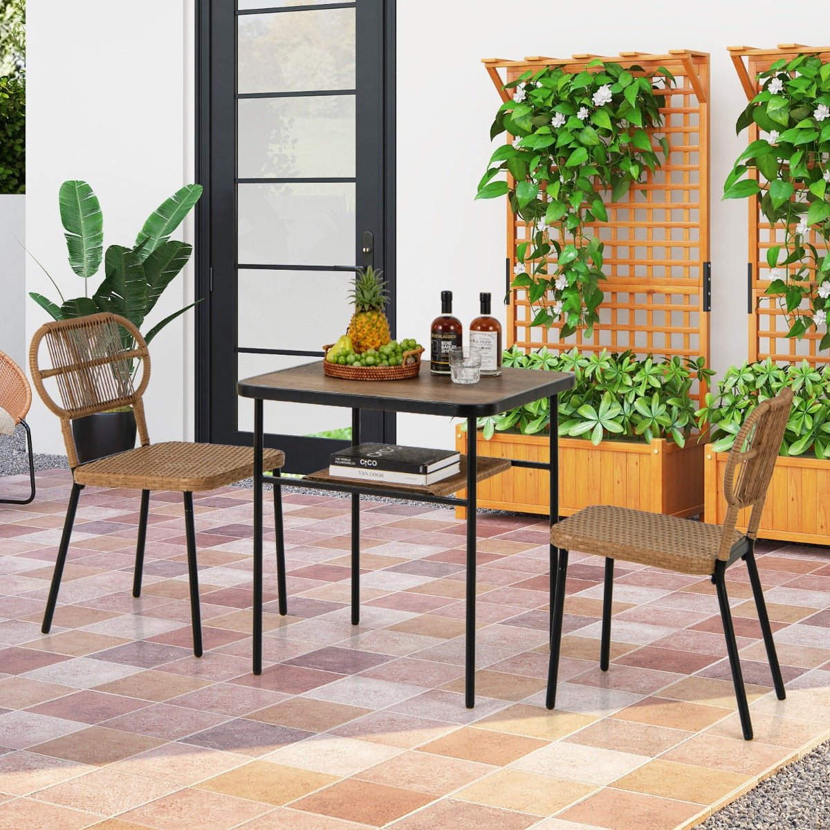 Juego de Comedor de 3 Piezas Mesa con Estante Estructura Metálica 2 Sillas de Ratán Apilables Ahorra Espacio Natural