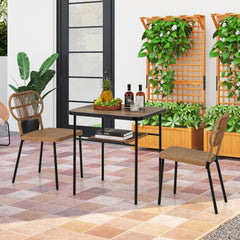 Juego de Comedor de 3 Piezas Mesa con Estante Estructura Metálica 2 Sillas de Ratán Apilables Ahorra Espacio Natural