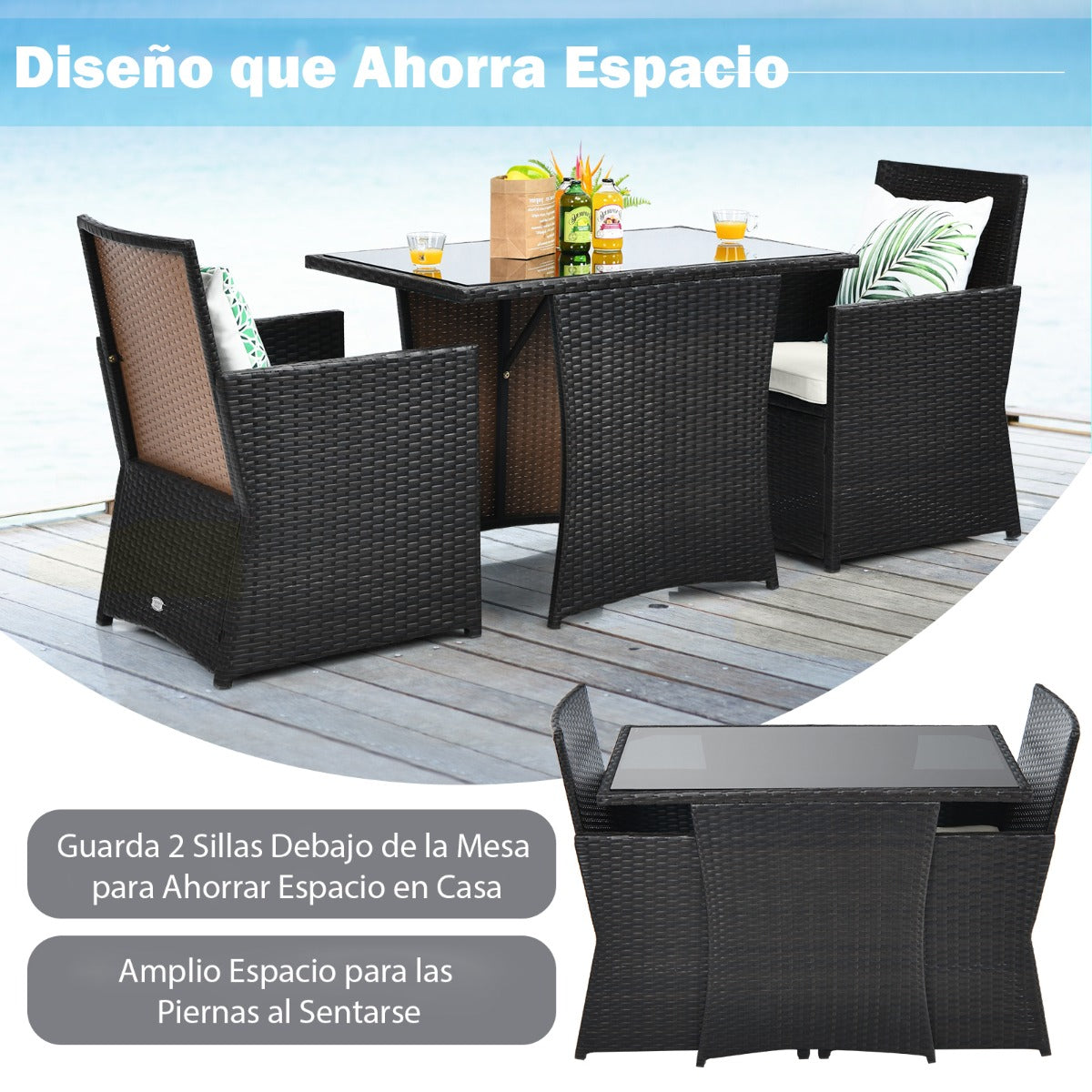 Juego de Comedor para Patio de 3 Piezas de Ratán con Cojines Ahorrador de Espacio Marrón Mezclado