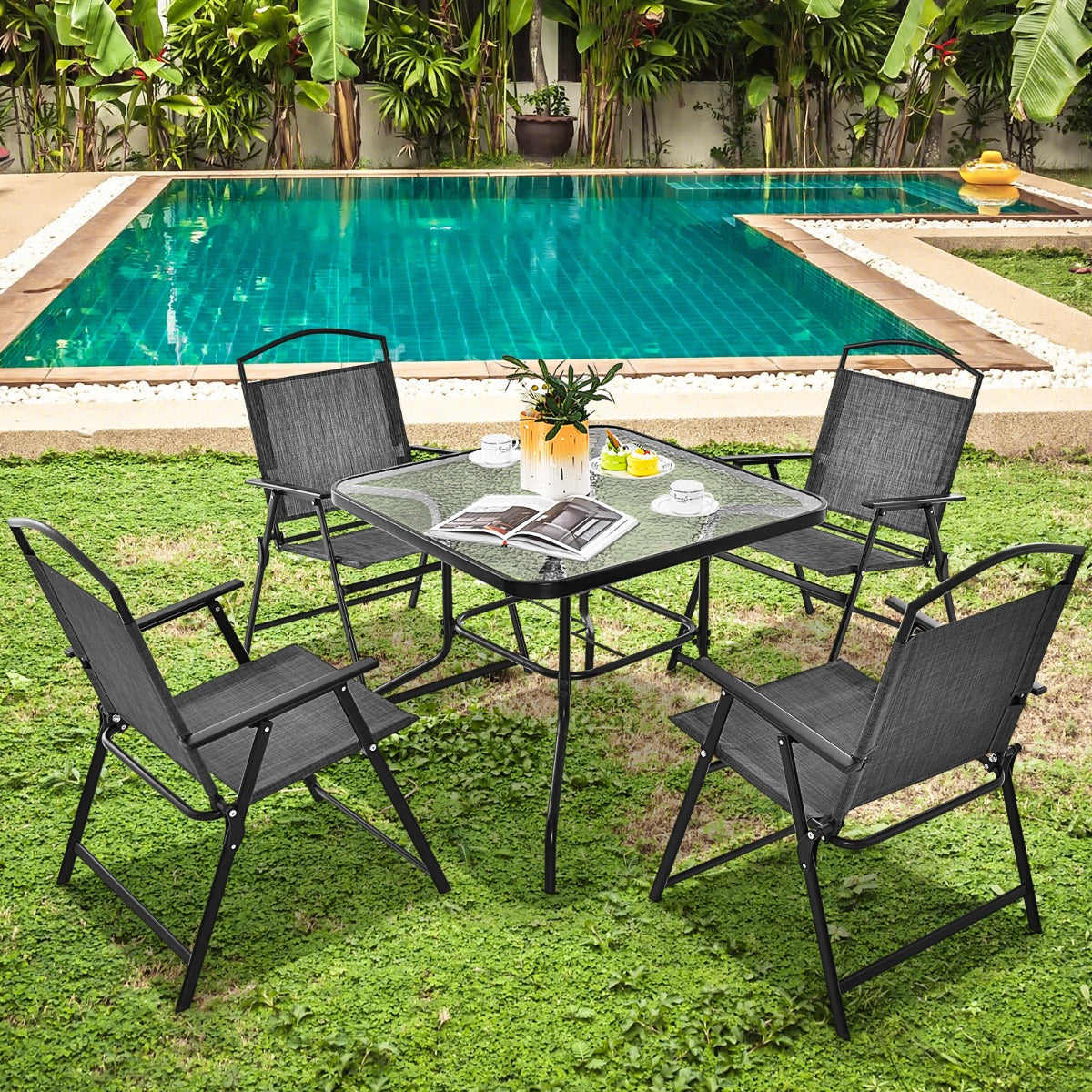 Conjunto Mesa de Comedor y 4 Sillas Plegables para 4 Personas con Tablero de Vidrio Templado para Jardín Piscina Patio y Terraza Gris
