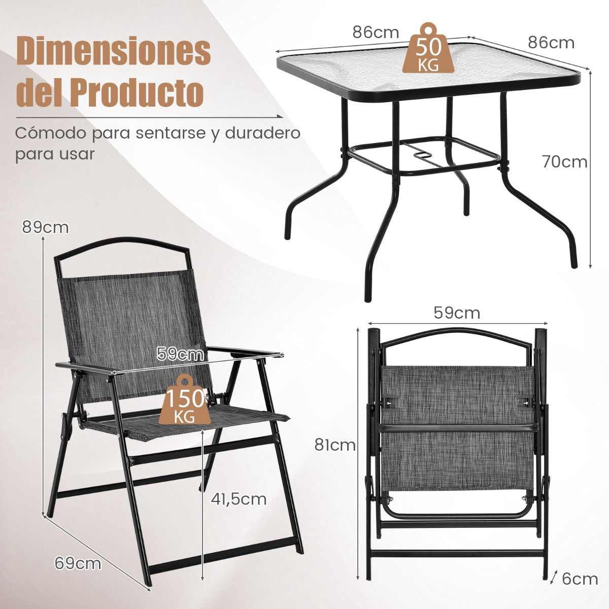 Conjunto Mesa de Comedor y 4 Sillas Plegables para 4 Personas con Tablero de Vidrio Templado para Jardín Piscina Patio y Terraza Gris