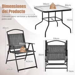 Conjunto Mesa de Comedor y 4 Sillas Plegables para 4 Personas con Tablero de Vidrio Templado para Jardín Piscina Patio y Terraza Gris