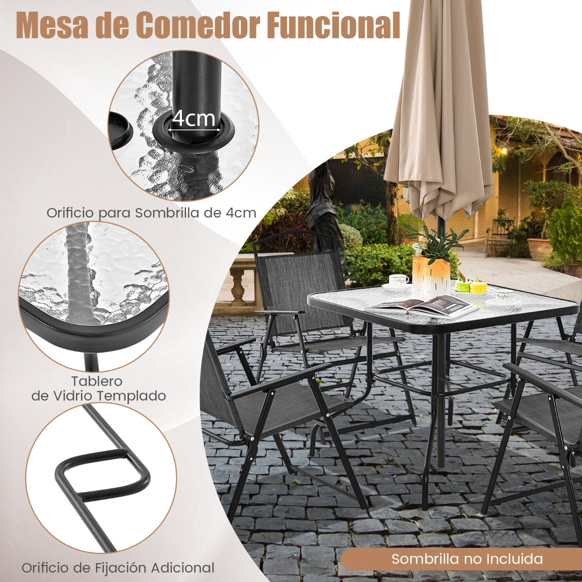 Conjunto Mesa de Comedor y 4 Sillas Plegables para 4 Personas con Tablero de Vidrio Templado para Jardín Piscina Patio y Terraza Gris