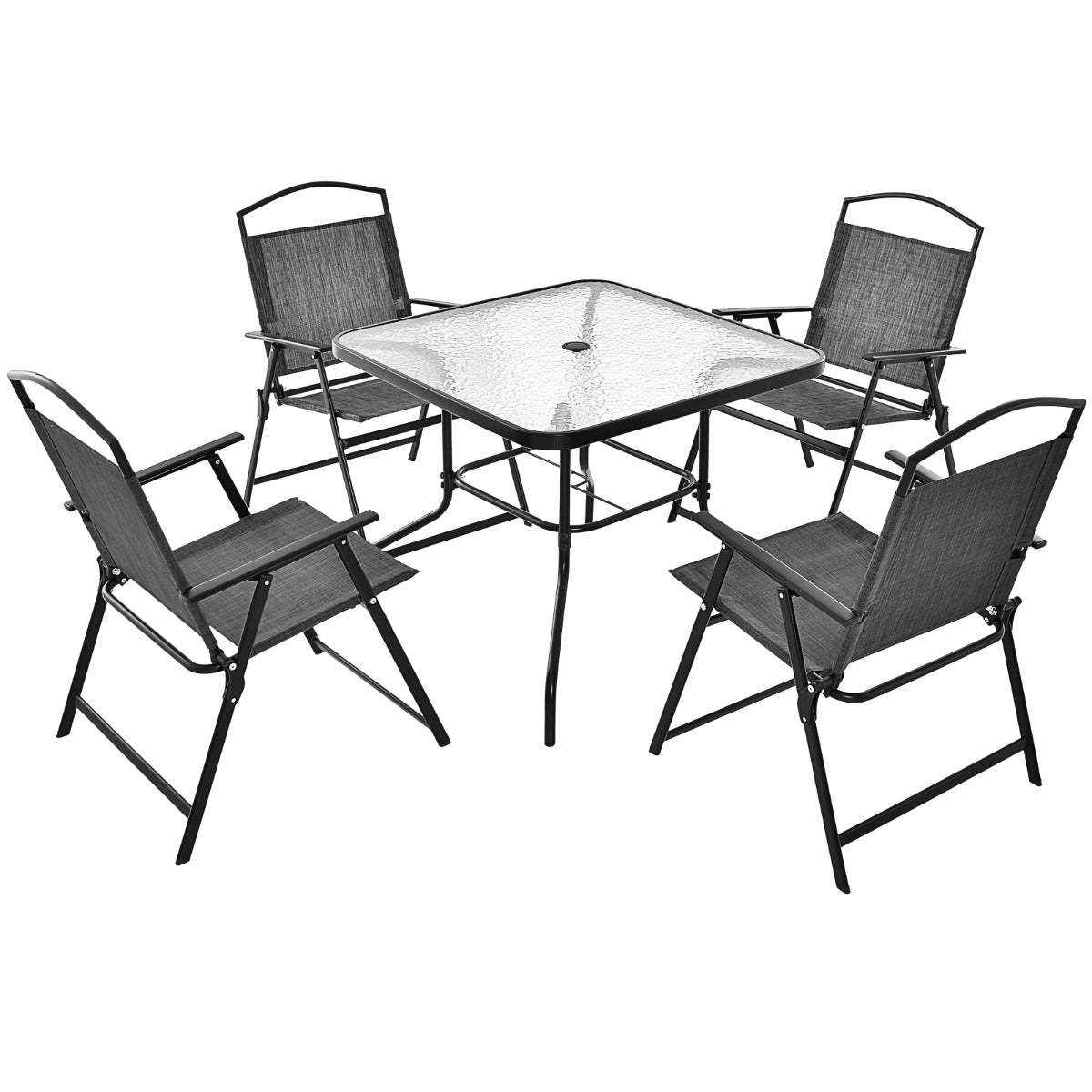Conjunto Mesa de Comedor y 4 Sillas Plegables para 4 Personas con Tablero de Vidrio Templado para Jardín Piscina Patio y Terraza Gris