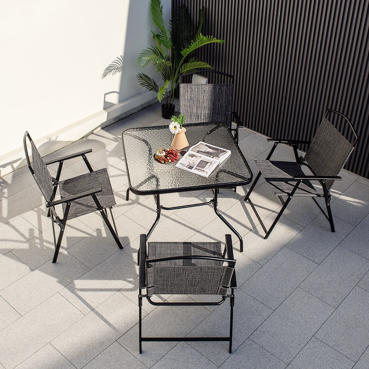 Conjunto Mesa de Comedor y 4 Sillas Plegables para 4 Personas con Tablero de Vidrio Templado para Jardín Piscina Patio y Terraza Gris