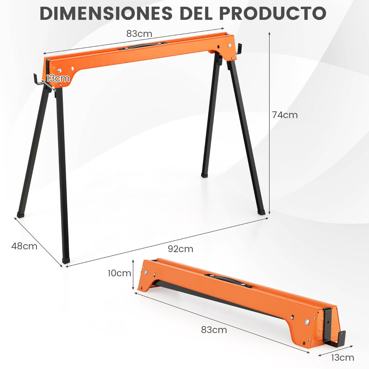 Juego de 2 Caballetes Plegables con Brazos de Soporte Desmontables Carga 600kg Herramientas Eléctricas Compactas 92 x 48 x 74 cm Naranja