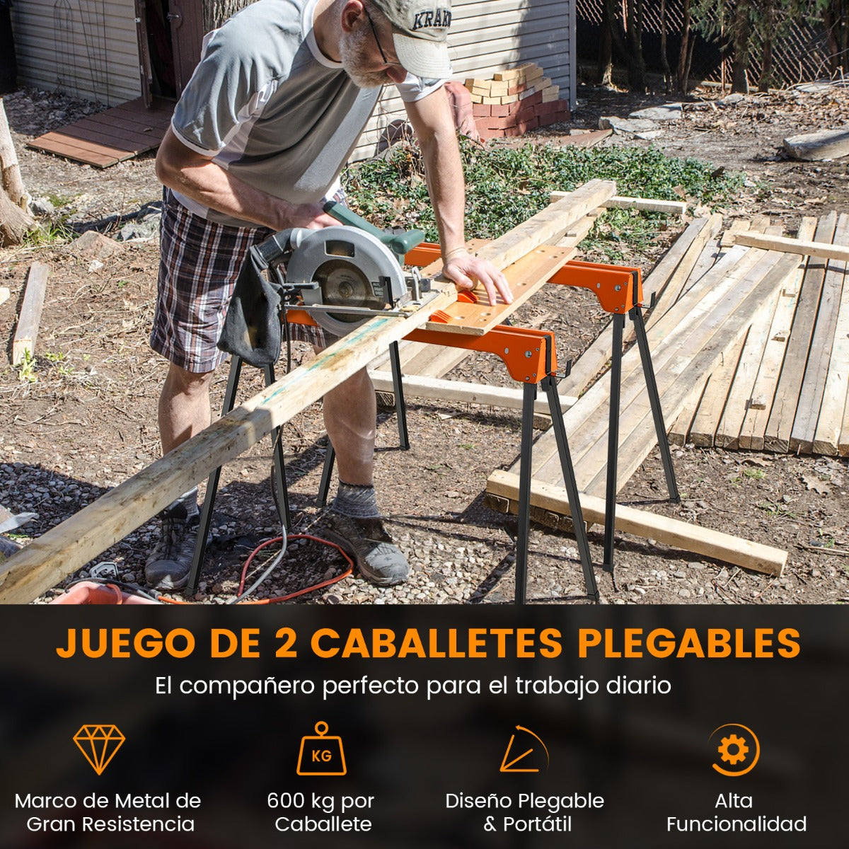 Juego de 2 Caballetes Plegables con Brazos de Soporte Desmontables Carga 600kg Herramientas Eléctricas Compactas 92 x 48 x 74 cm Naranja