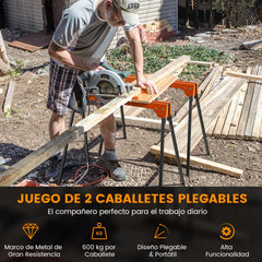 Juego de 2 Caballetes Plegables con Brazos de Soporte Desmontables Carga 600kg Herramientas Eléctricas Compactas 92 x 48 x 74 cm Naranja