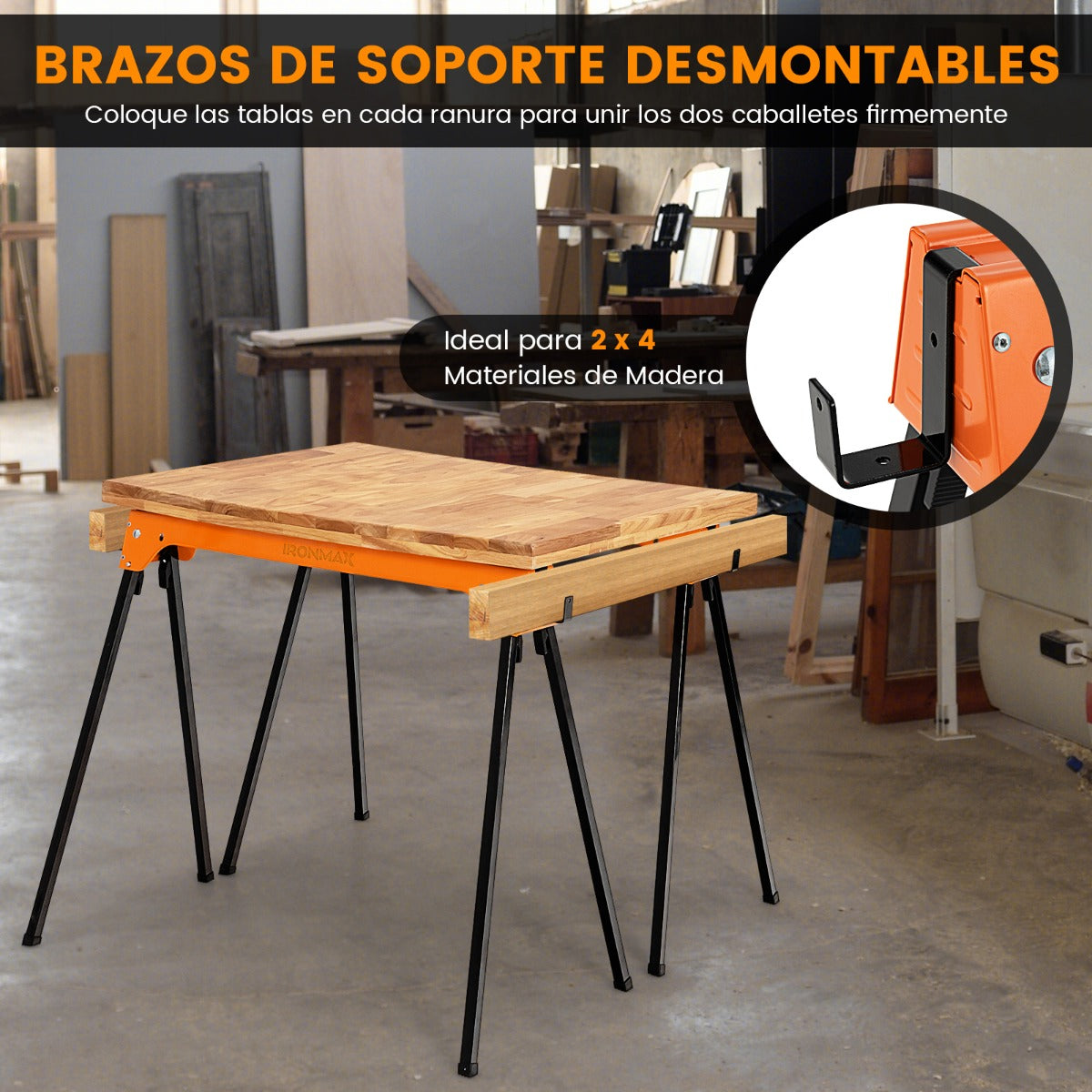 Juego de 2 Caballetes Plegables con Brazos de Soporte Desmontables Carga 600kg Herramientas Eléctricas Compactas 92 x 48 x 74 cm Naranja