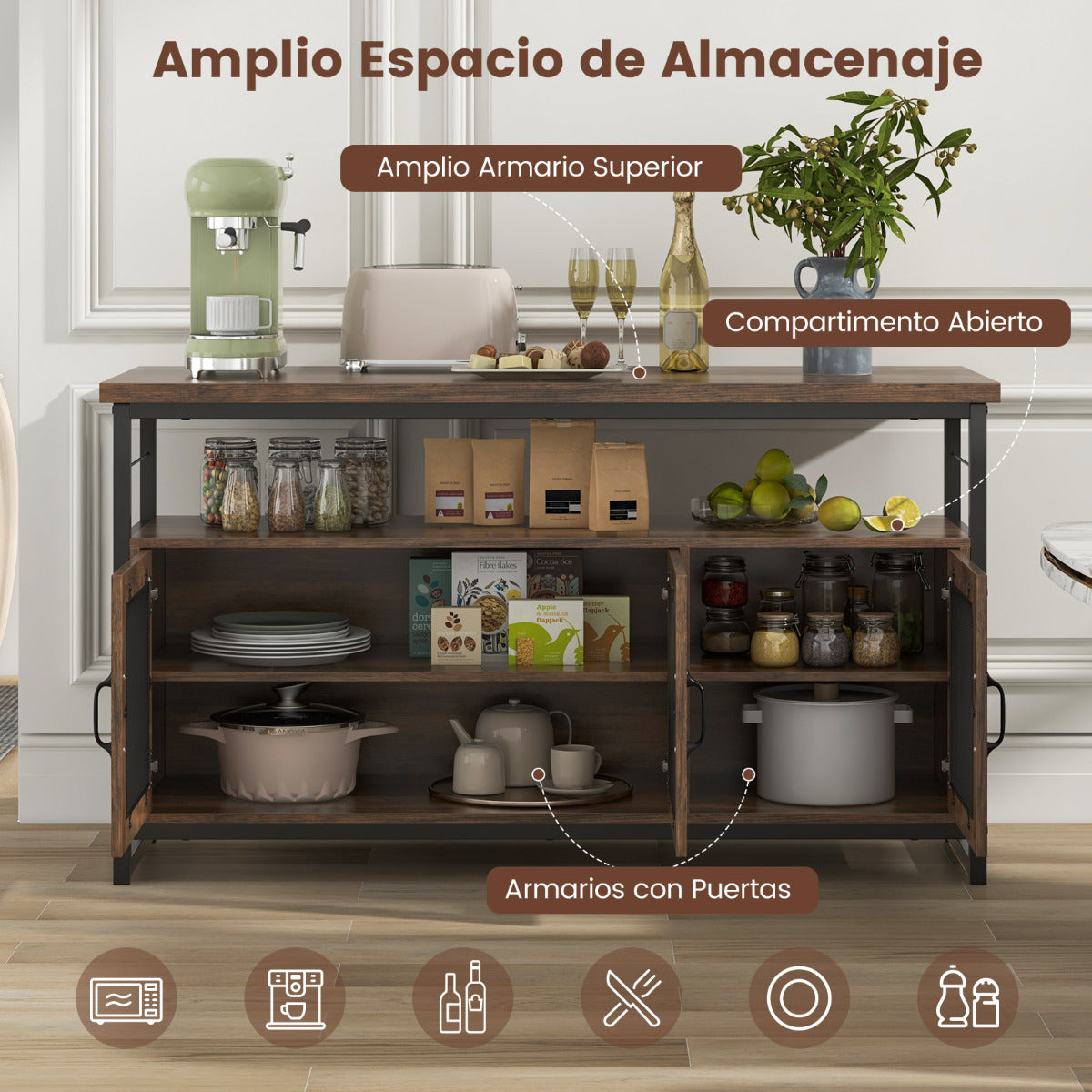 Juego de Isla de Cocina de 4 Piezas Juego de Mesa y Sillas de Comedor para 4 con Banco y Almacenamiento Marco Metálico Estantes Ajustables
