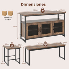 Juego de Isla de Cocina de 4 Piezas Juego de Mesa y Sillas de Comedor para 4 con Banco y Almacenamiento Marco Metálico Estantes Ajustables