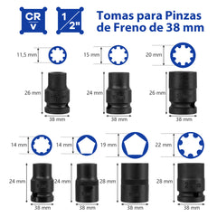 Juego de Llaves de Vaso de Freno de Impacto de 16 Piezas Kit de Herramientas de Ajuste de Freno con Llave de Accionamiento de 1/2" Azul