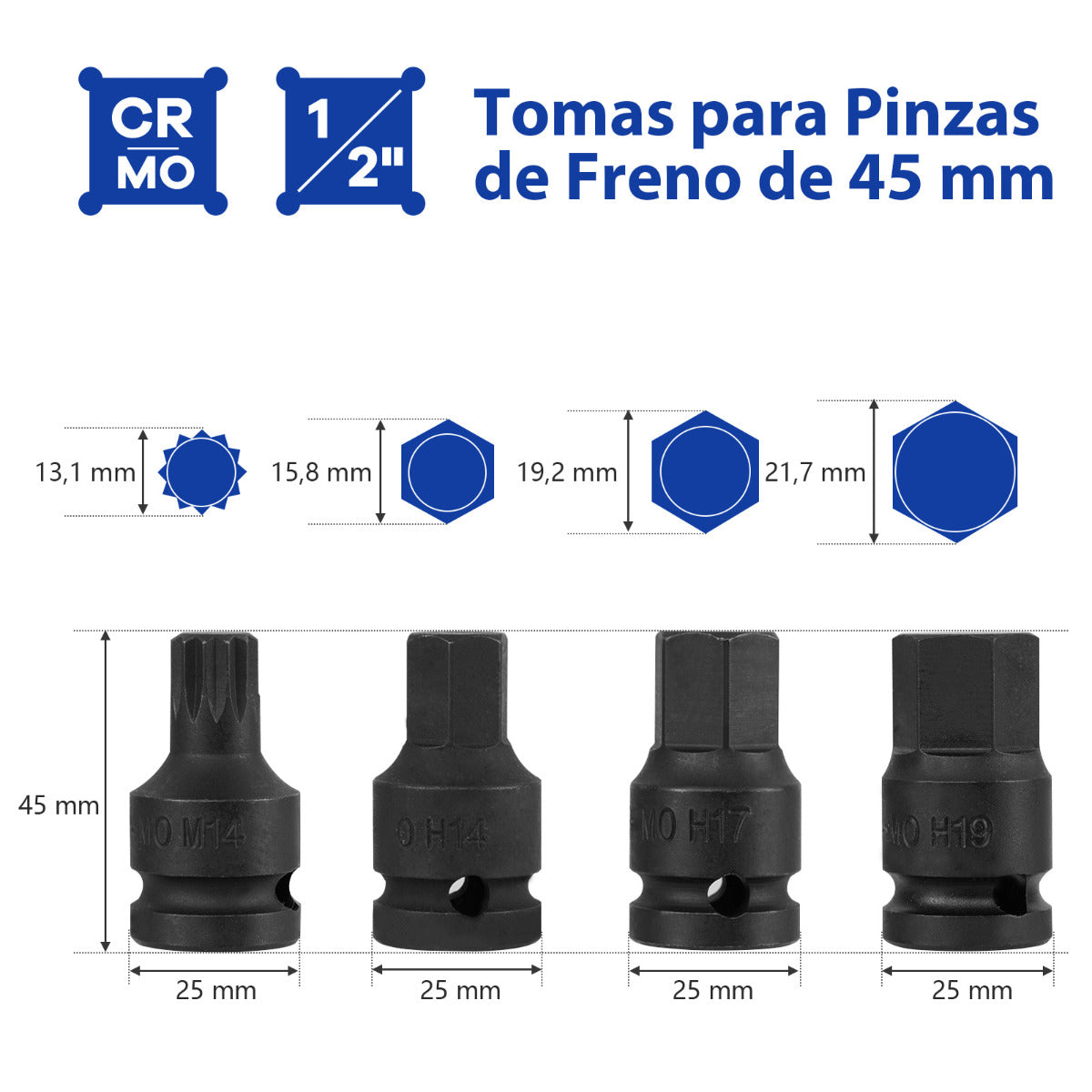 Juego de Llaves de Vaso de Freno de Impacto de 16 Piezas Kit de Herramientas de Ajuste de Freno con Llave de Accionamiento de 1/2" Azul