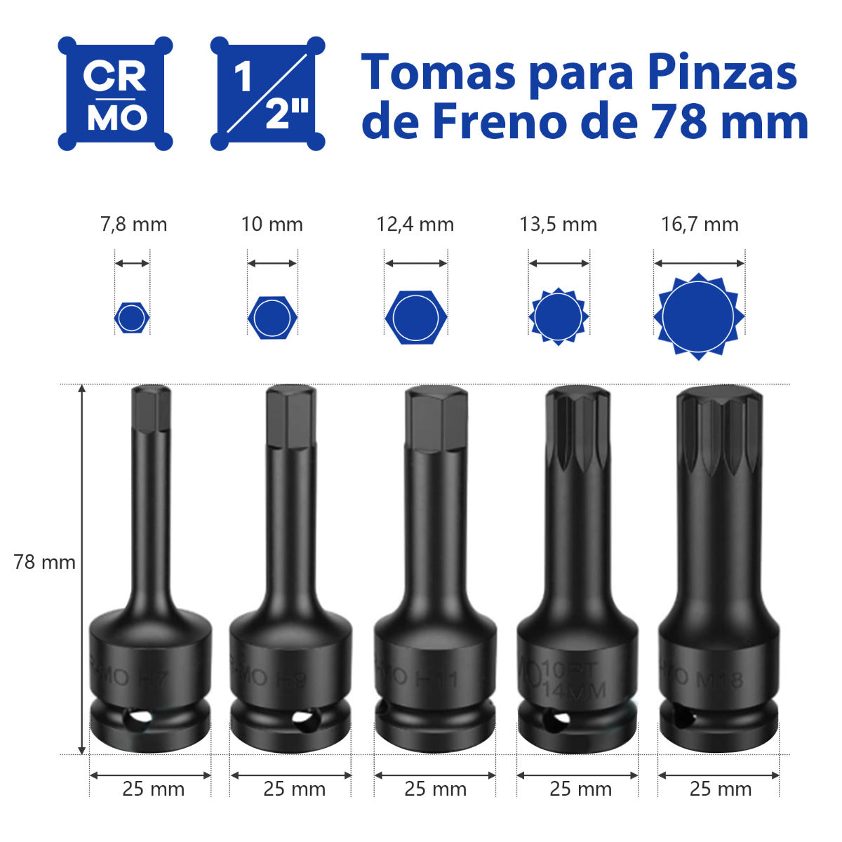 Juego de Llaves de Vaso de Freno de Impacto de 16 Piezas Kit de Herramientas de Ajuste de Freno con Llave de Accionamiento de 1/2" Naranja