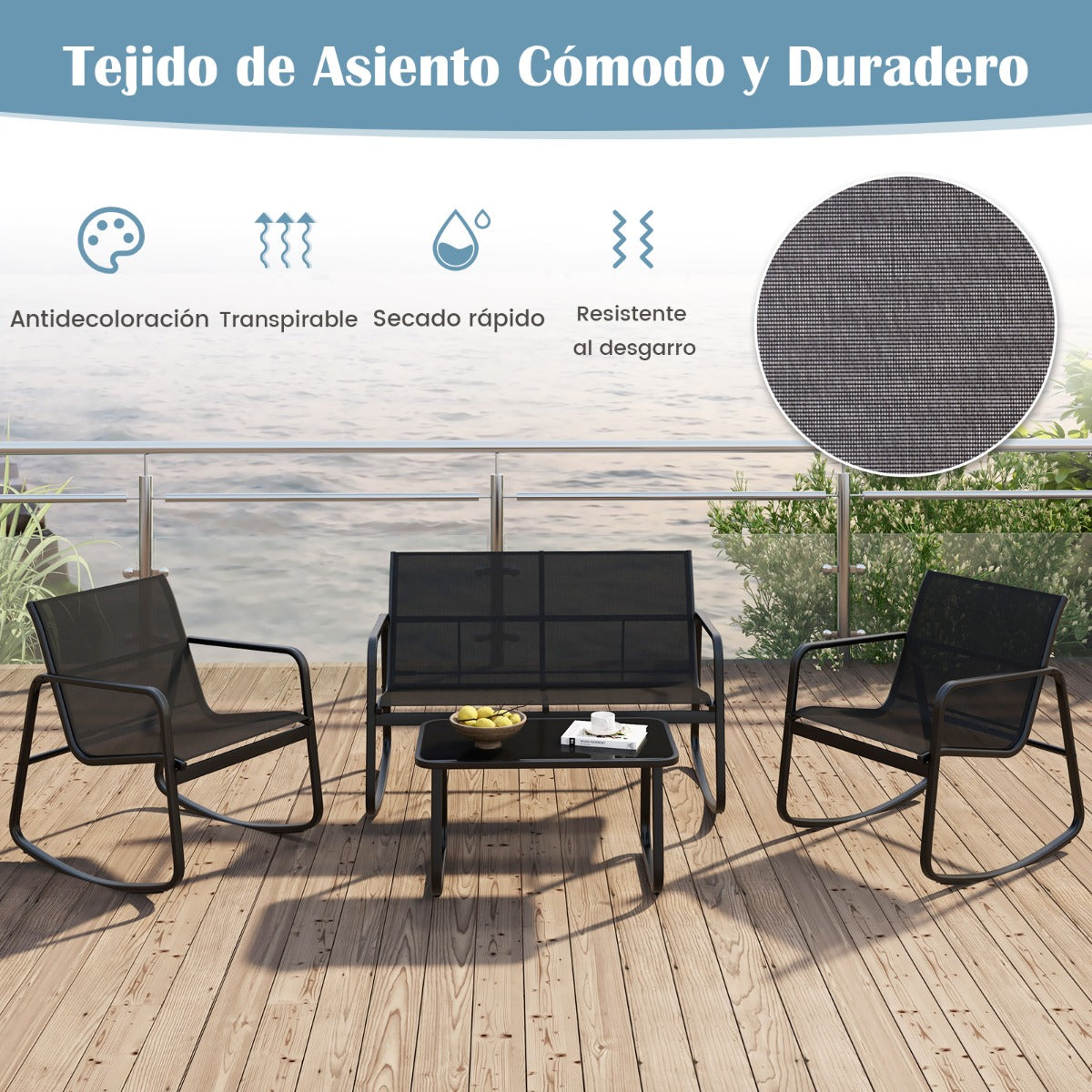 Juego de Mecedoras de Patio de 4 Piezas Juego de 2 Mecedoras Sofá de 2 Plazas y Mesa con Tapa de Cristal Muebles para Jardín Patio Negro
