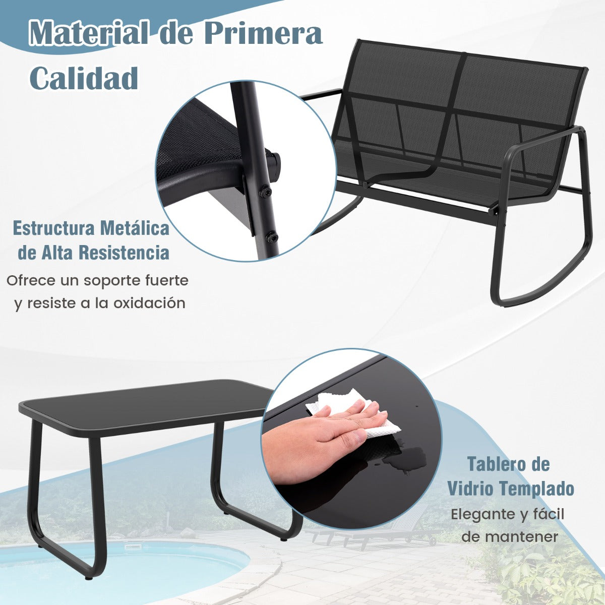 Juego de Mecedoras de Patio de 4 Piezas Juego de 2 Mecedoras Sofá de 2 Plazas y Mesa con Tapa de Cristal Muebles para Jardín Patio Negro