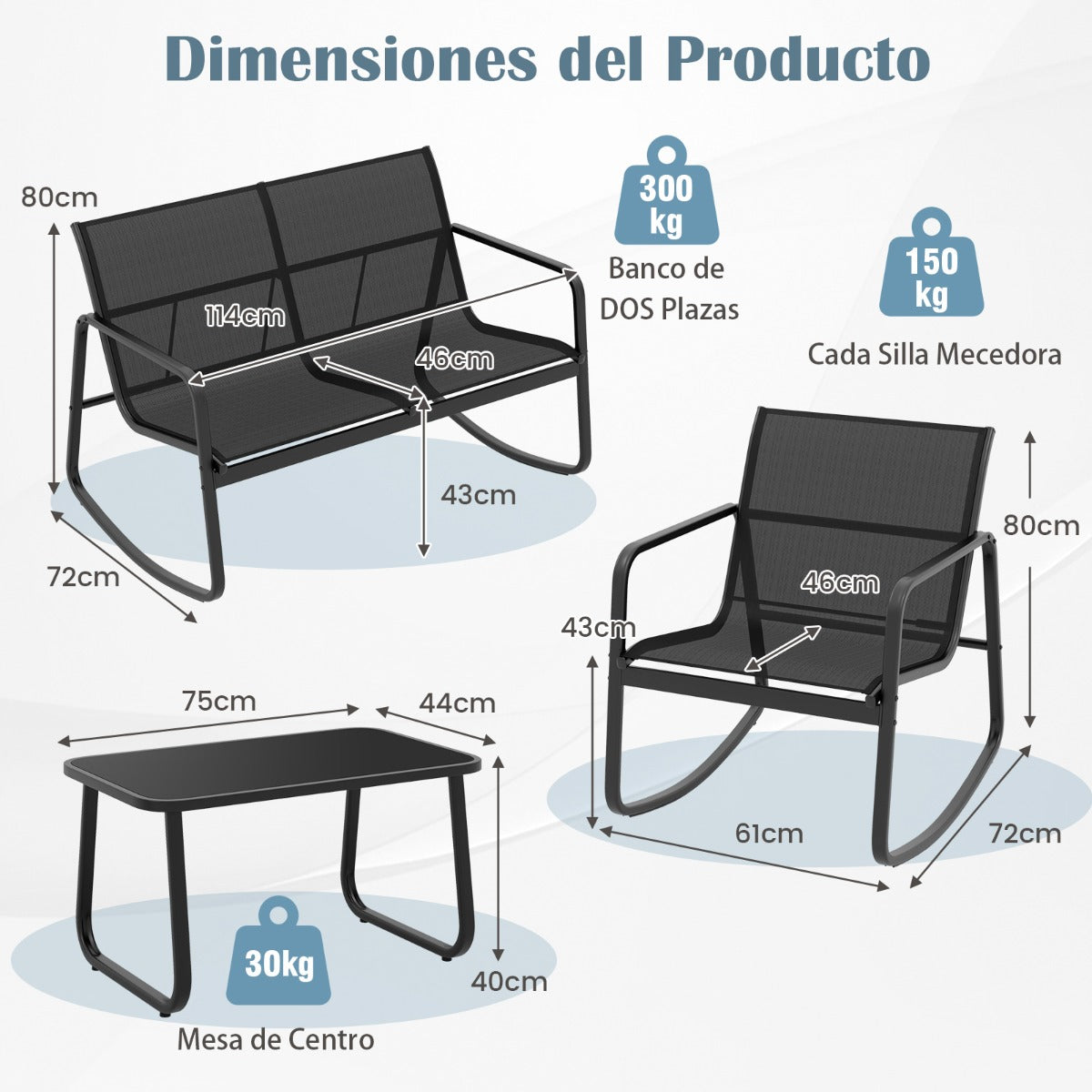 Juego de Mecedoras de Patio de 4 Piezas Juego de 2 Mecedoras Sofá de 2 Plazas y Mesa con Tapa de Cristal Muebles para Jardín Patio Negro