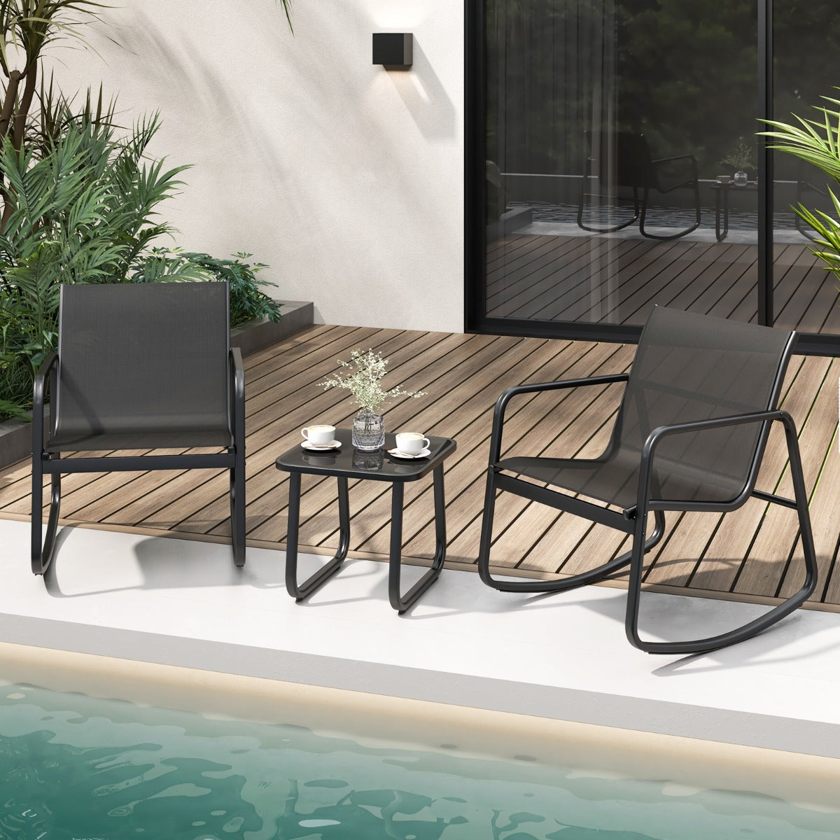 Juego de Mesa y 2 Mecedoras de Bistró con Balanceo y Tapa de Vidrio Conjunto de Muebles de Patio para Jardín Exterior y Balcón Negro