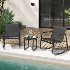 Juego de Mesa y 2 Mecedoras de Bistró con Balanceo y Tapa de Vidrio Conjunto de Muebles de Patio para Jardín Exterior y Balcón Negro